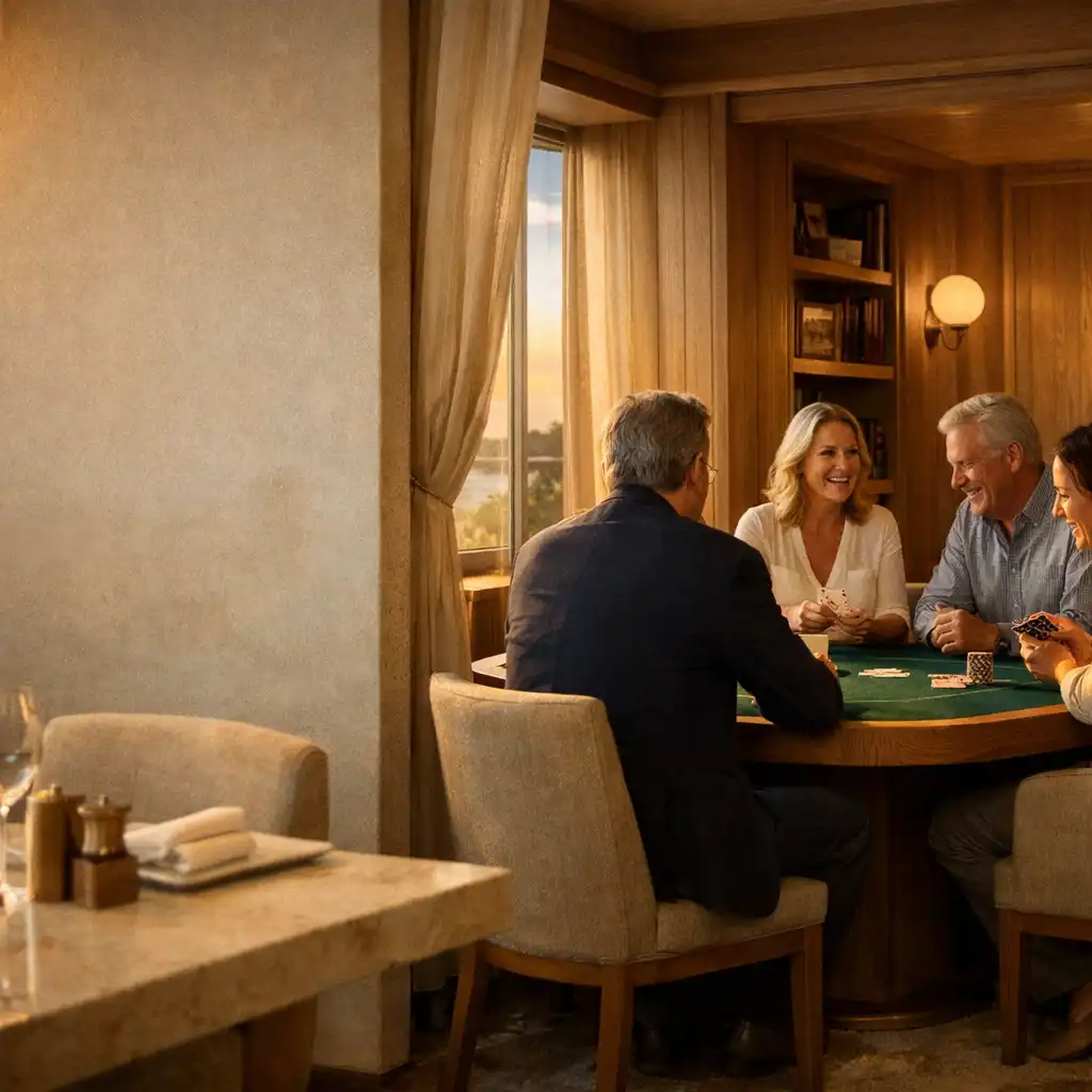 A warm restaurant threshold opening toward a felt poker table and softly lit guests in THE FELT ROOM