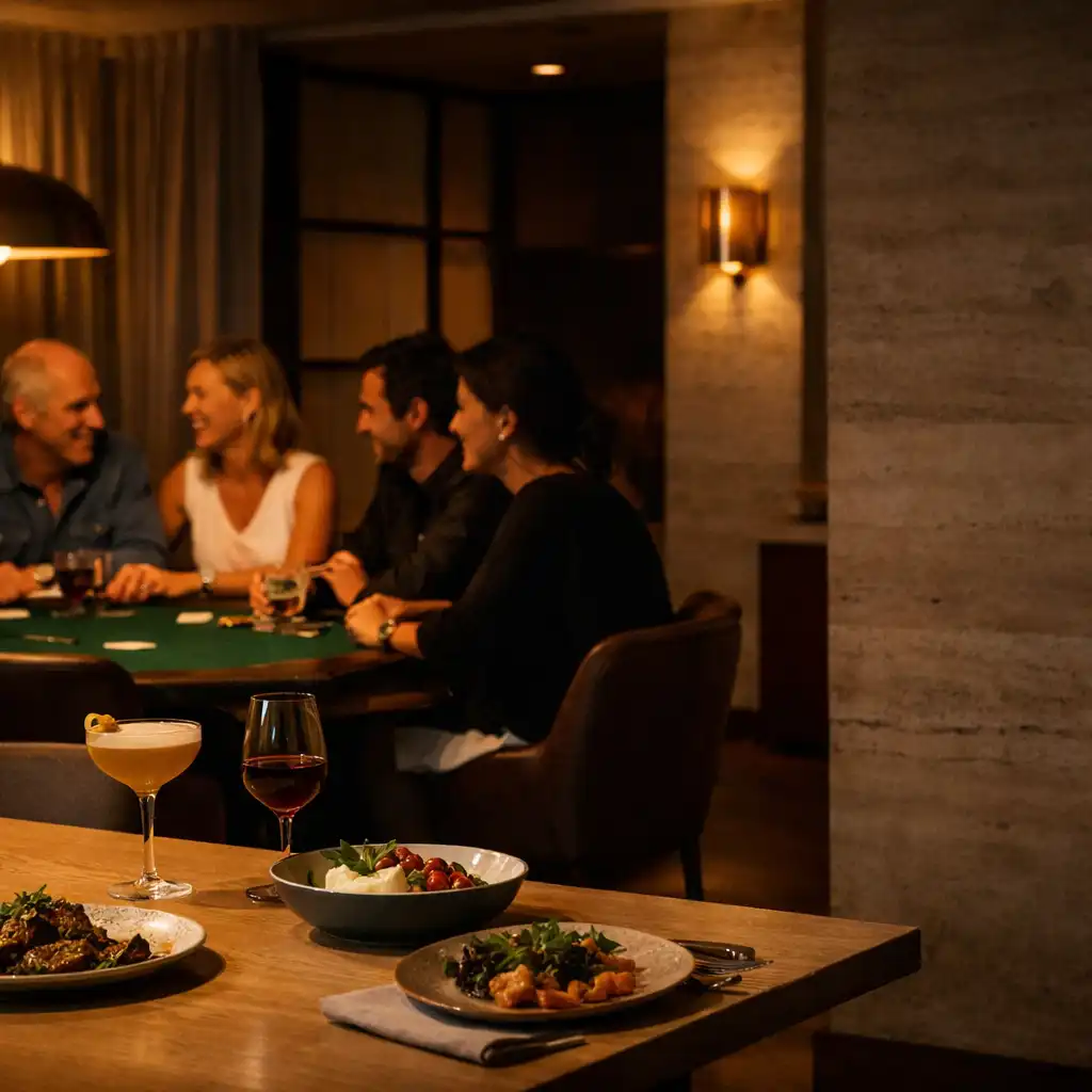 A warm restaurant evening with plated food and drinks in the foreground and friends gathering near a green felt card table.