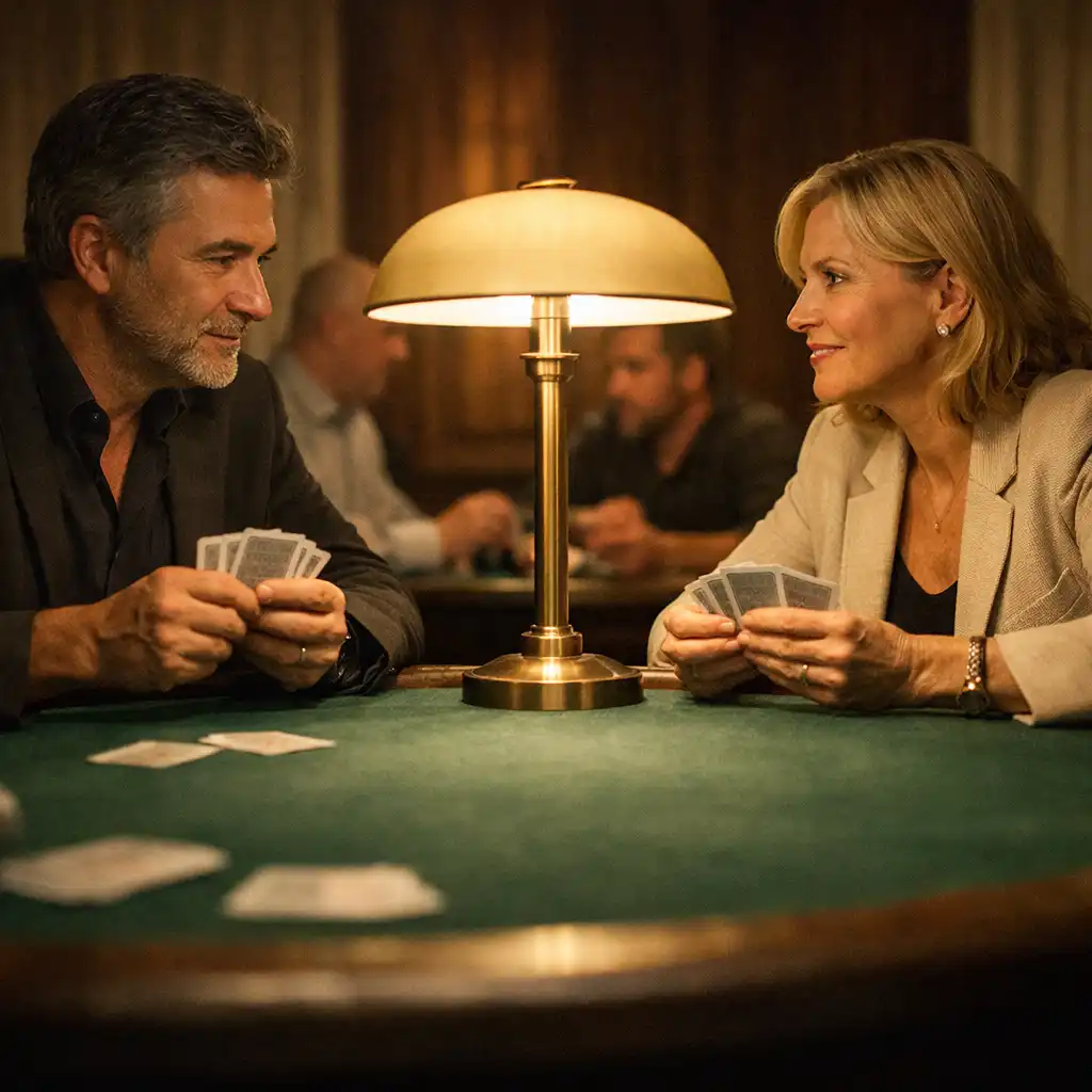 Guests talking around a refined physical poker table in the Card Lounge