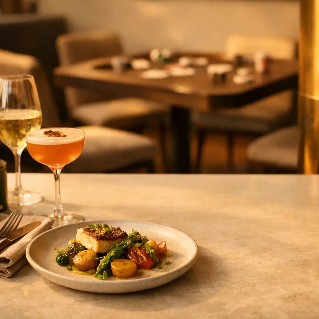 A modern Australian dinner setting with wine, cocktail and warm golden-hour light