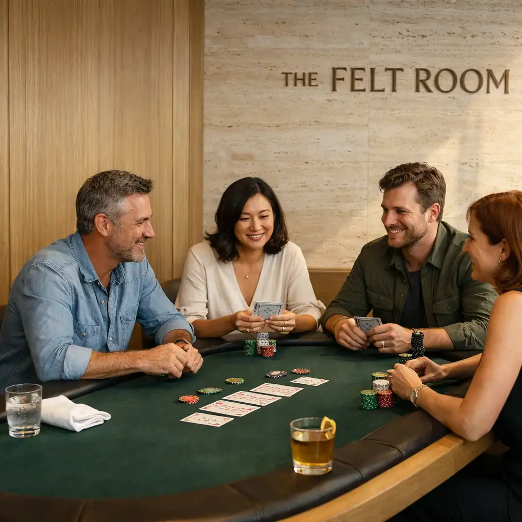 Friends gathered face to face around an espresso felt poker table
