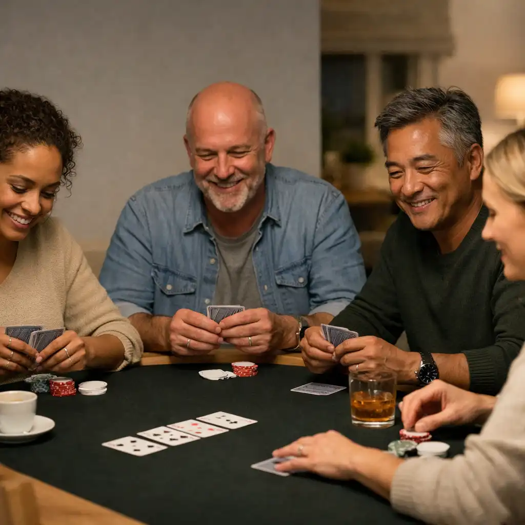 Friends sharing a relaxed offline poker night around a real table