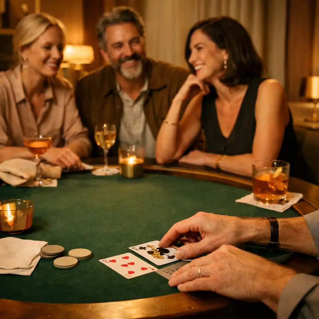 Friends sharing conversation around a felt-edged table after dinner