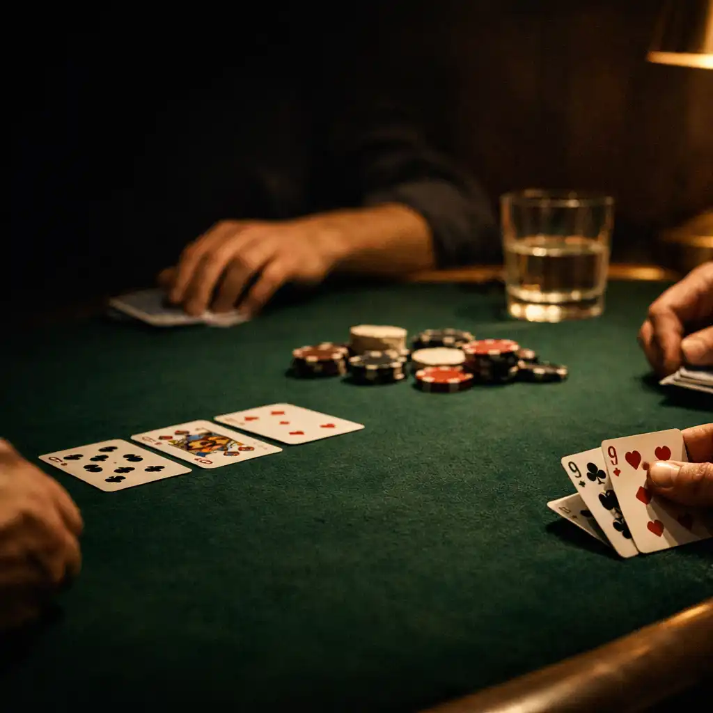 Hands, playing cards and chips on a deep green felt table in warm late-night light