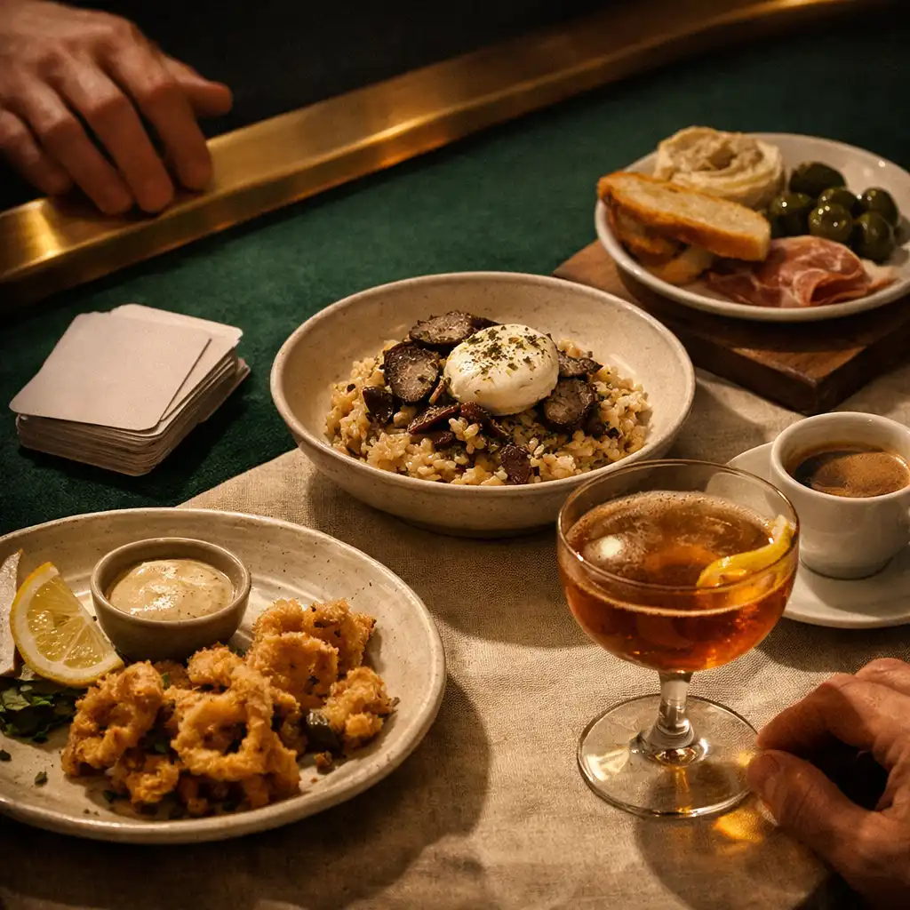 Small plates, coffee and cocktail beside a deep green felt table edge