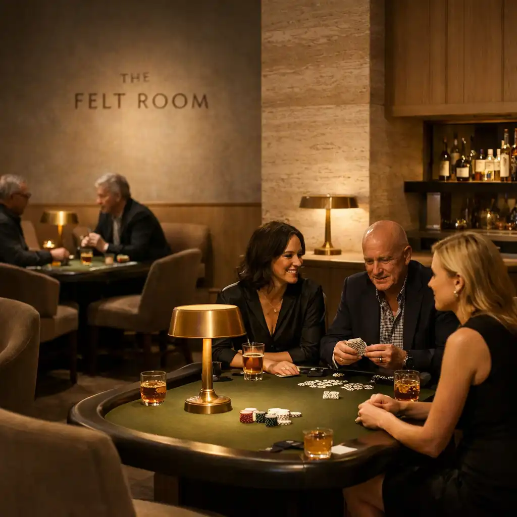 Guests talking face to face at softly lit felt tables in an intimate poker salon