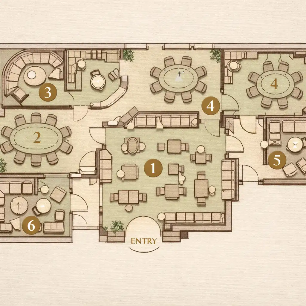 Illustrated floor plan showing the restaurant threshold, salon tables, private corners and lounge seating
