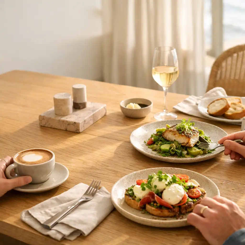 Sunlit restaurant table with linen, coffee and seasonal plated food