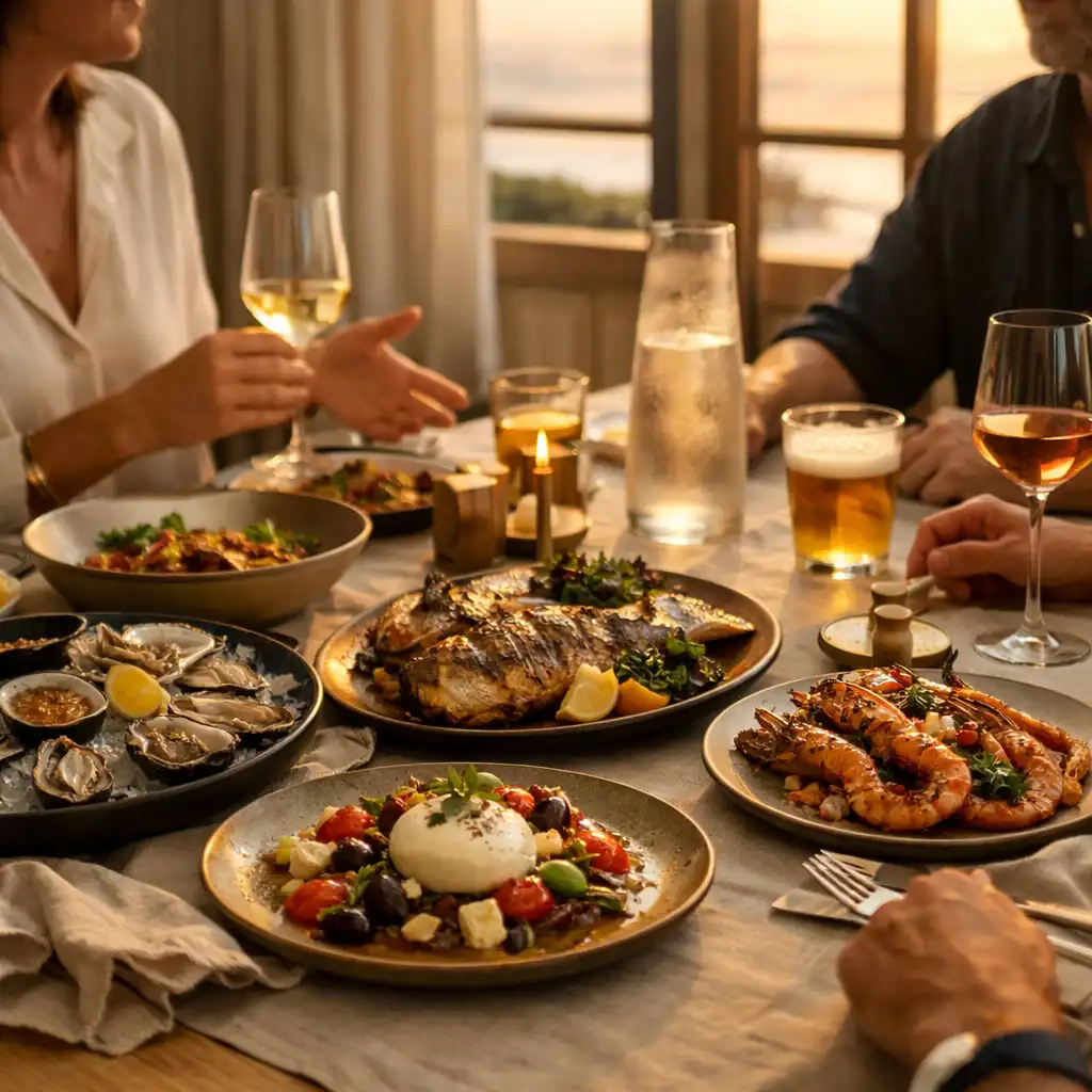 Shared dinner with plates, warm glassware and hands in conversation