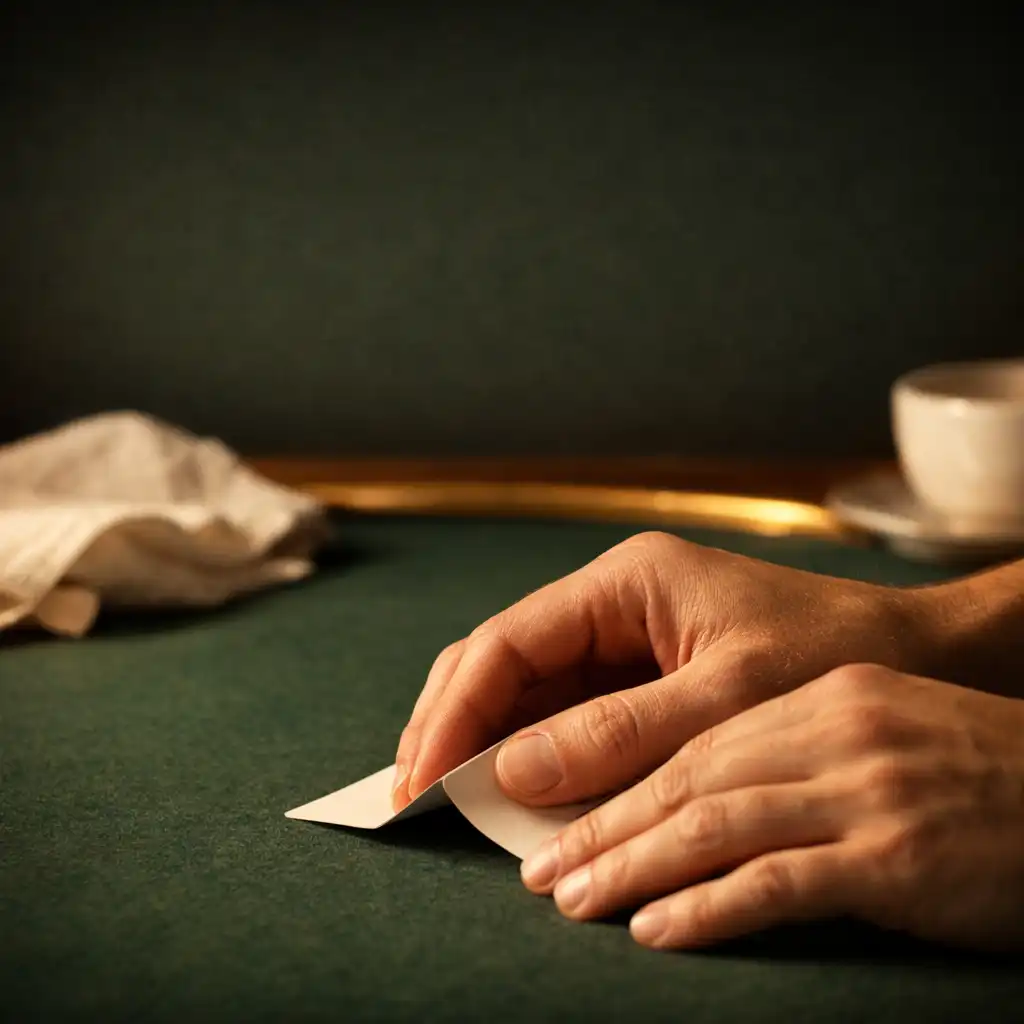 Hands carefully lifting two private facedown cards above deep green felt beside a linen napkin and coffee cup.