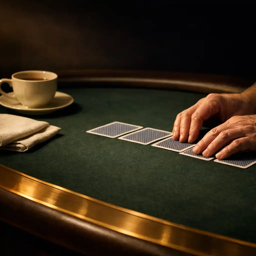 Hands arranging face-down cards on a deep felt poker table