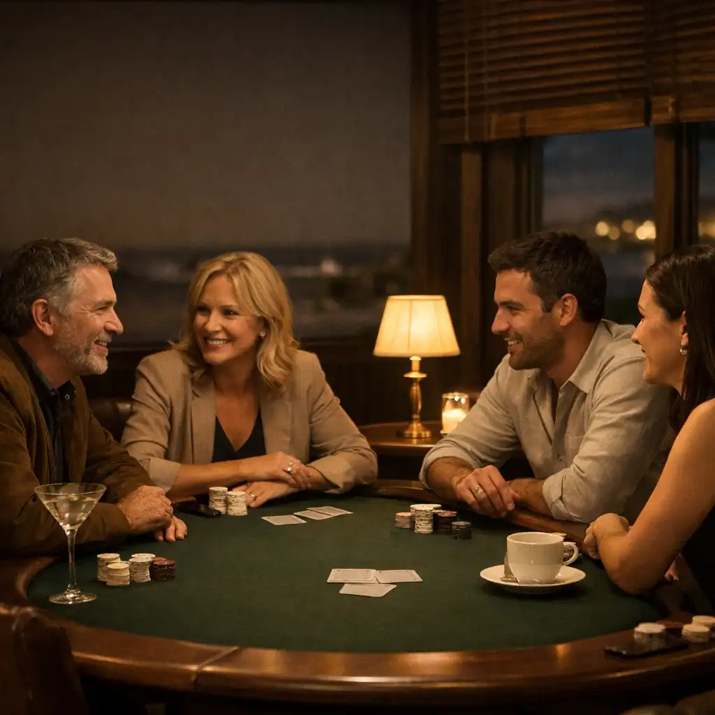 Friends in relaxed conversation around a warmly lit felt poker table after dinner