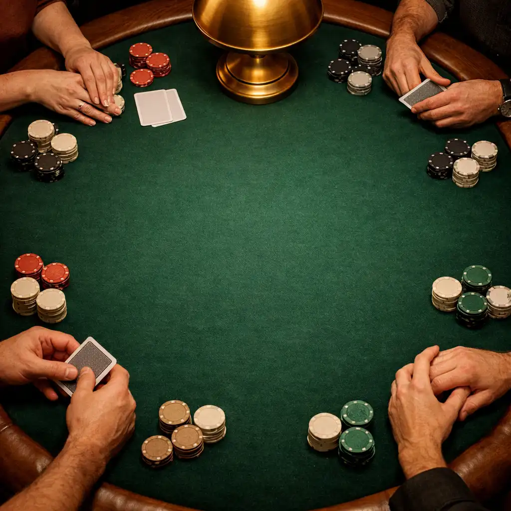 Near-overhead view of hands, playing cards and neutral poker chips around an espresso-green felt table
